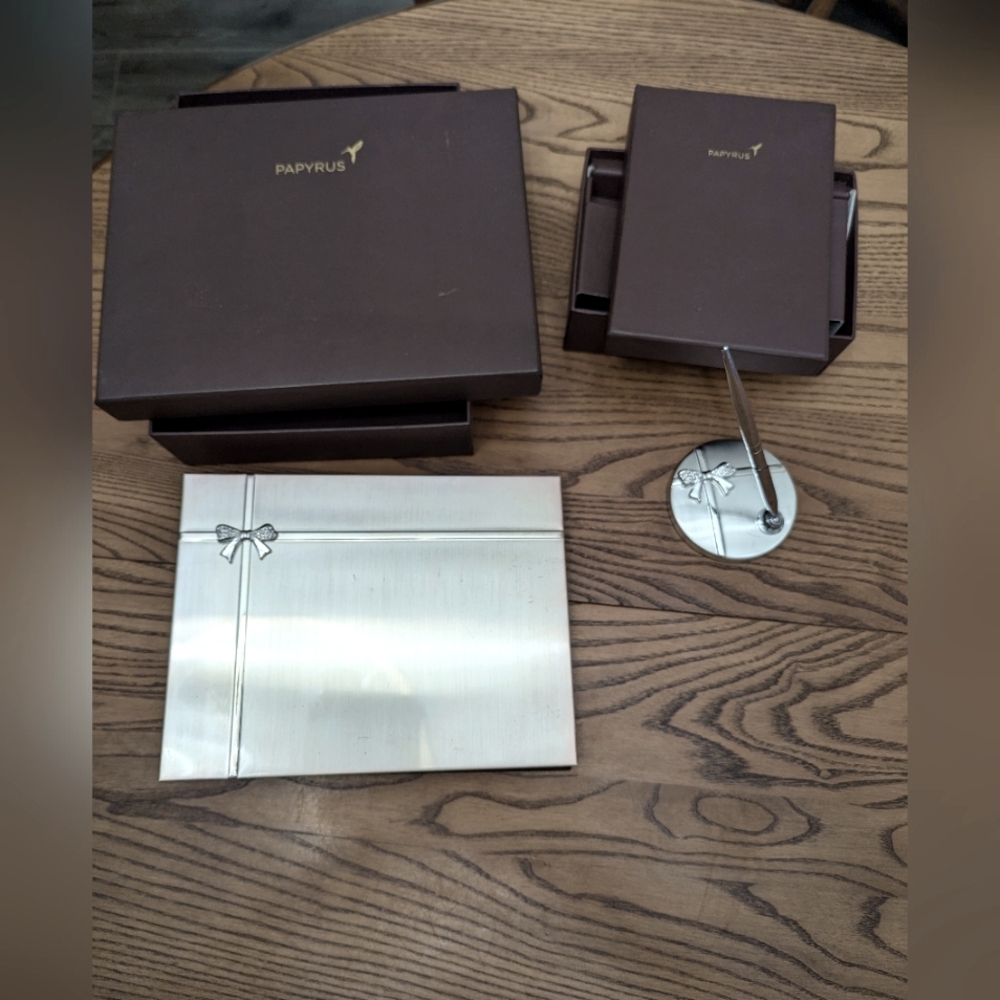 READ .Papyrus Guest book and pen with stand set.  Silver tone with Brown velour.